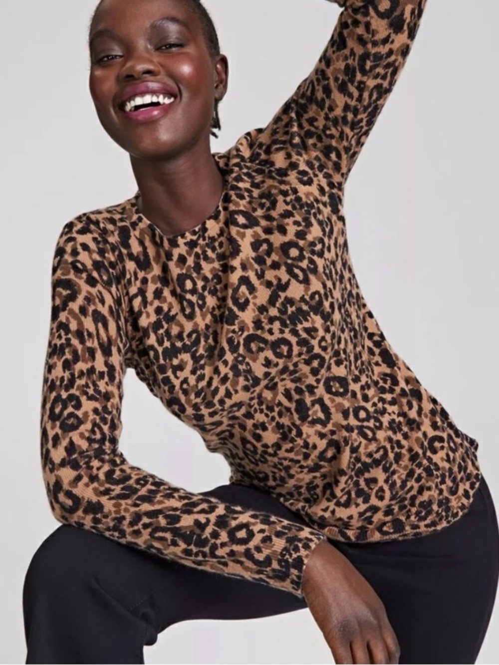 Charter Club Luxury Cashmere Crewneck Sweater in Animal Print S